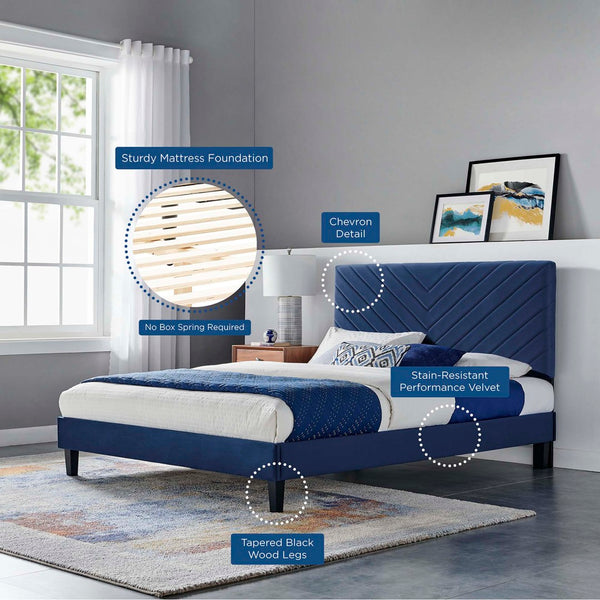 Modway Furniture Roxanne Chevron Tufted Performance Velvet Full Platform Bed - Glam Deco Style for Modern Bedrooms Navy MOD-7038-NAV