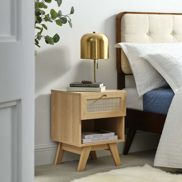 Modway Furniture Soma 1-Drawer Nightstand by Modway - Modern Compact Storage with Rattan-Style Front and Open Shelf Oak MOD-7049-OAK