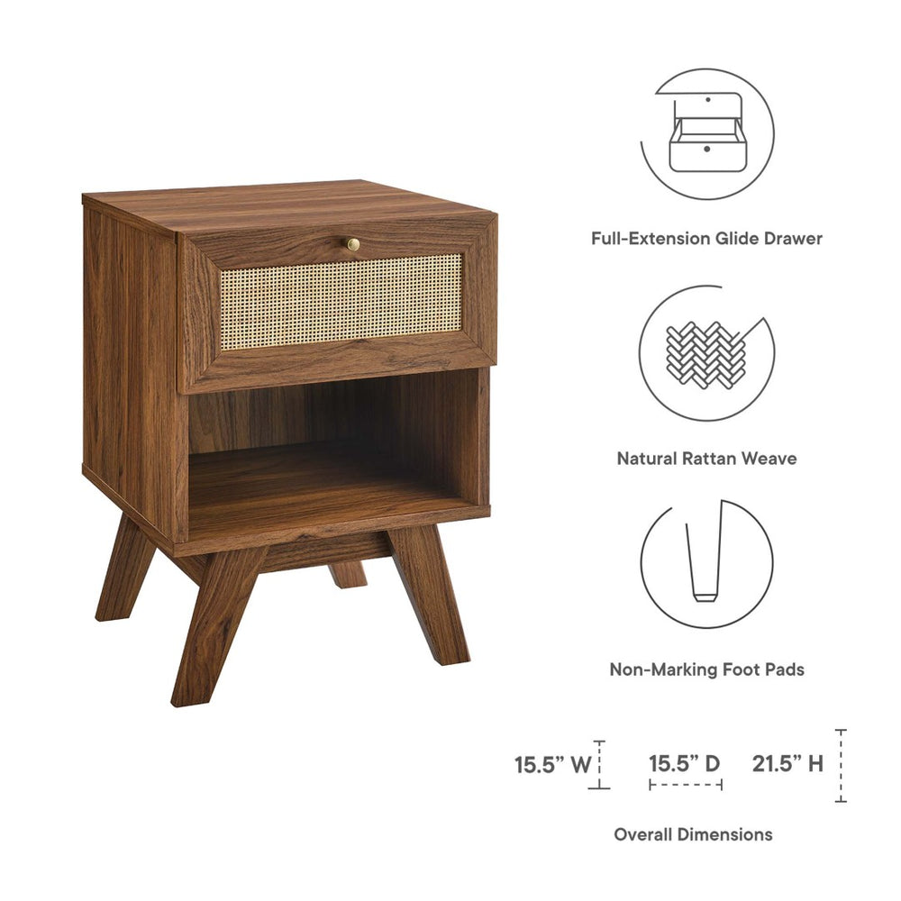 Modway Furniture Soma 1-Drawer Nightstand by Modway - Modern Compact Storage with Rattan-Style Front and Open Shelf Walnut MOD-7049-WAL