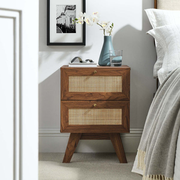 Modway Furniture Soma 2-Drawer Nightstand by Modway - Stylish Modern-Rustic Design with Rattan Weave for Storage Walnut MOD-7050-WAL