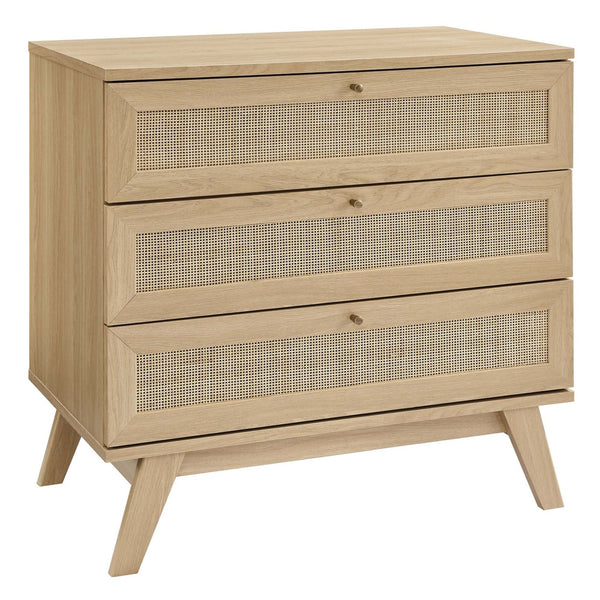 Modway Furniture Soma 3-Drawer Dresser - Coastal Charm with Rattan Fronts and Full-Extension Drawers for Storage MOD-7051-OAK