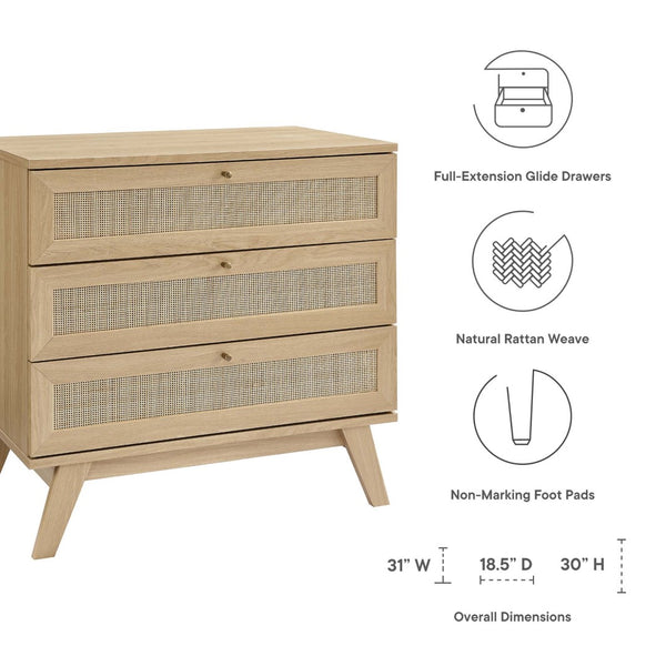 Modway Furniture Soma 3-Drawer Dresser - Coastal Charm with Rattan Fronts and Full-Extension Drawers for Storage MOD-7051-OAK