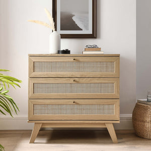 Modway Furniture Soma 3-Drawer Dresser - Coastal Charm with Rattan Fronts and Full-Extension Drawers for Storage MOD-7051-OAK