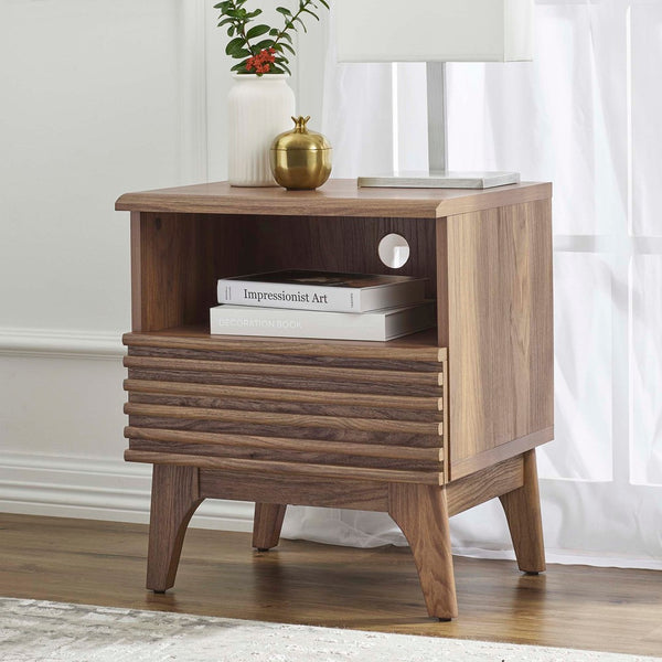 Modway Furniture Render Nightstand by Modway - Stylish Mid-Century Design with Spacious Drawer and Open Storage Space Walnut MOD-7070-WAL