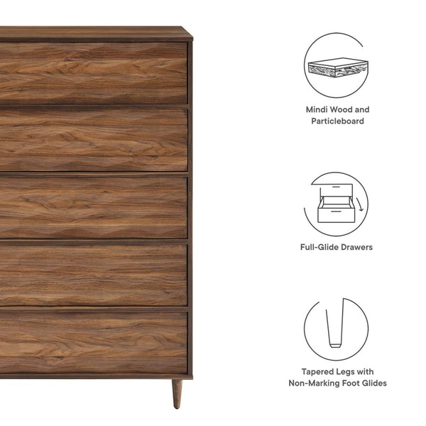Modway Furniture Vespera 5-Drawer Chest - Contemporary Walnut Storage Solution with Grooved Wave Front Design MOD-7082-WAL