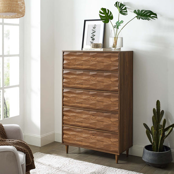 Modway Furniture Vespera 5-Drawer Chest - Contemporary Walnut Storage Solution with Grooved Wave Front Design MOD-7082-WAL
