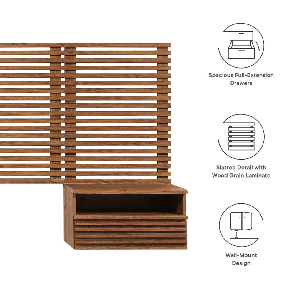 Modway Furniture Render Wall-Mount King Headboard & Floating Nightstands Set - Modern Mid-Century Style in Walnut MOD-7117-WAL