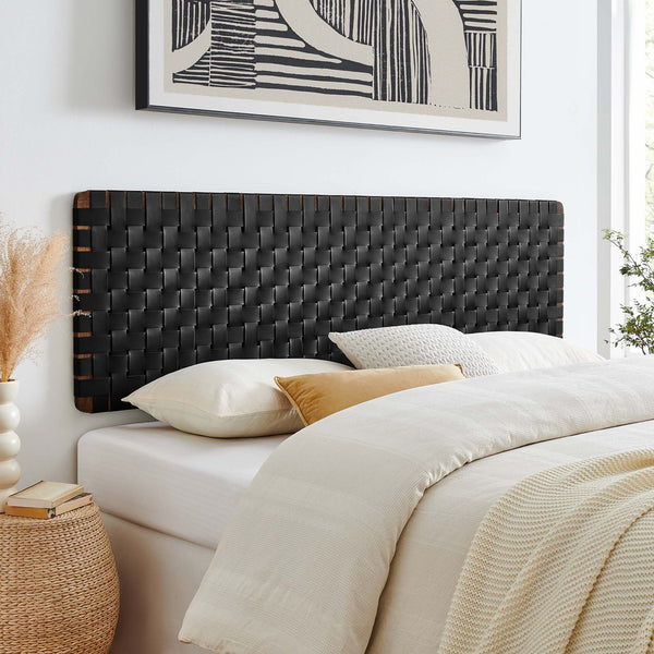 Modway Furniture Sparta Weave Wall-Mount Vegan Leather Headboard - Elevate Your Bedroom with Stylish Elegance Walnut Black MOD-7126-WAL-BLK