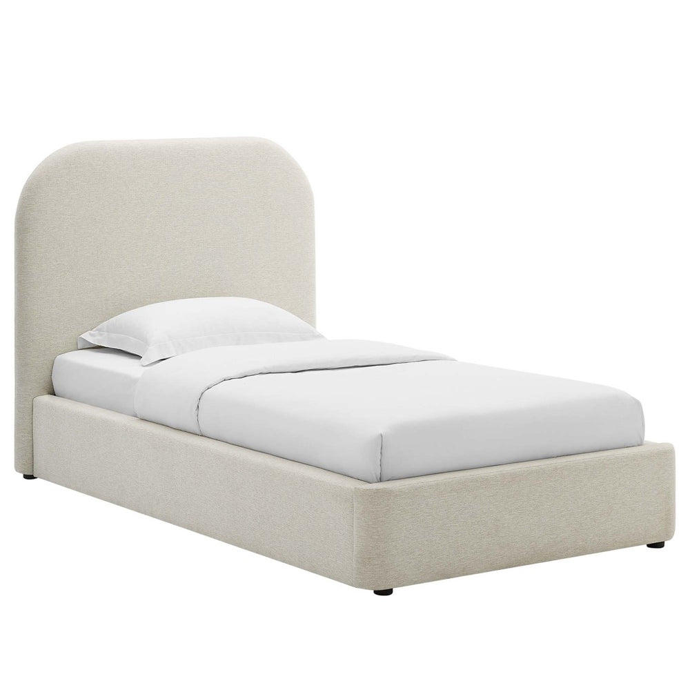 Modway Furniture Keynote Upholstered Fabric Curved Twin Platform Bed – Modern Comfort with Stylish Support & Durability Heathered Weave Ivory MOD-7136-HEI