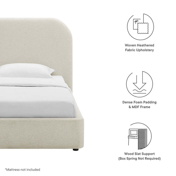 Modway Furniture Keynote Upholstered Fabric Curved Twin Platform Bed – Modern Comfort with Stylish Support & Durability Heathered Weave Ivory MOD-7136-HEI