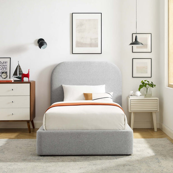 Modway Furniture Keynote Upholstered Fabric Curved Twin Platform Bed – Modern Comfort with Stylish Support & Durability Heathered Weave Light Gray MOD-7136-HLG