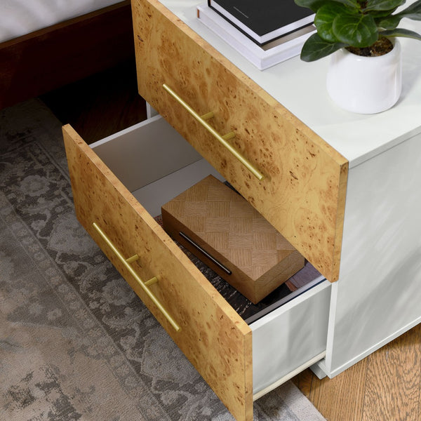 Modway Furniture Abel 2-Drawer Burl Wood Nightstand - Mid-Century Modern Accent Table with Gold Pulls and Storage MOD-7159-WHI-BUR