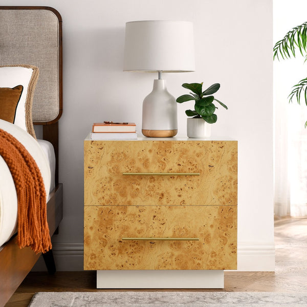 Modway Furniture Abel 2-Drawer Burl Wood Nightstand - Mid-Century Modern Accent Table with Gold Pulls and Storage MOD-7159-WHI-BUR