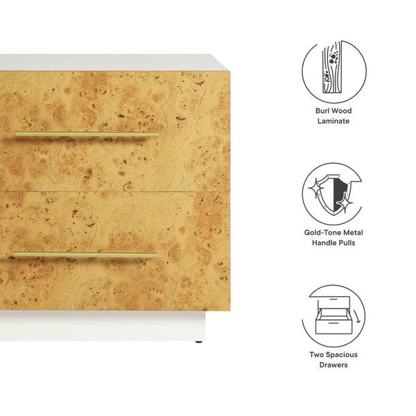 Modway Furniture Abel 2-Drawer Burl Wood Nightstand - Mid-Century Modern Accent Table with Gold Pulls and Storage MOD-7159-WHI-BUR
