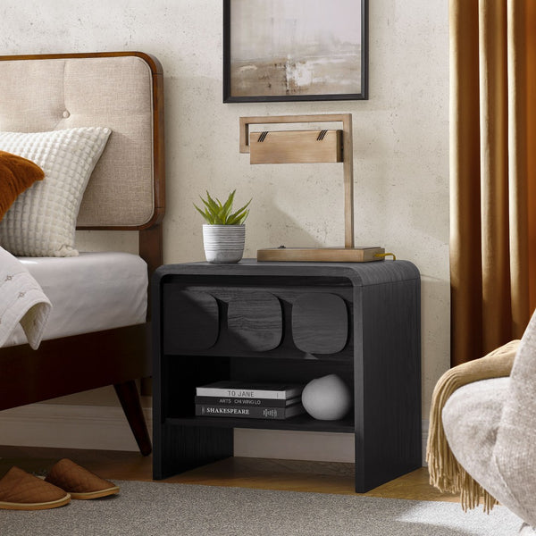 Modway Furniture Toscana 1-Drawer Nightstand - Mid-Century Modern Elegance with Open Shelf and Smooth Glides Black MOD-7160-BLK