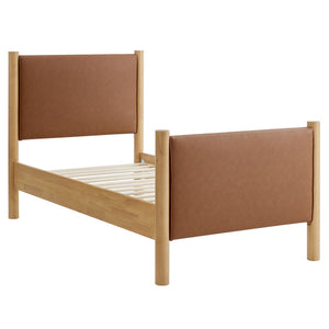 Modway Furniture Maven Twin Size Vegan Leather Upholstered Platform Bed – Stylish, Durable, and Space-Saving Design Tan Oak MOD-7184-TAN-OAK