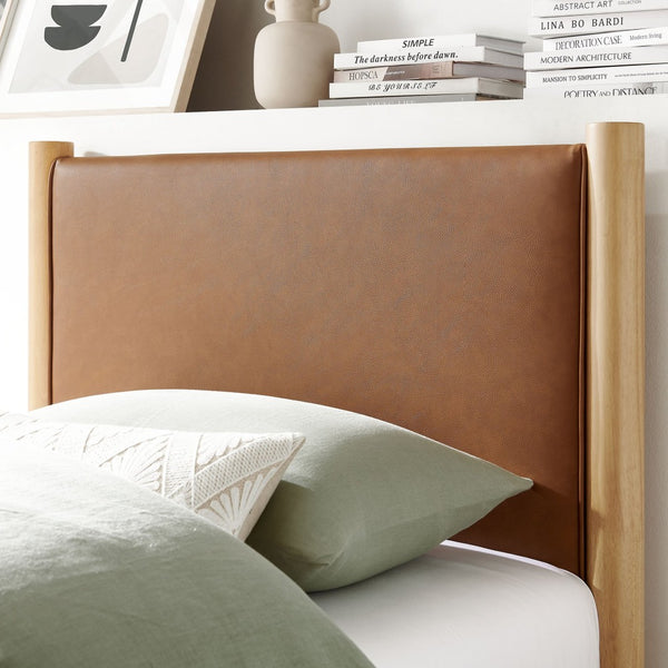 Modway Furniture Maven Twin Size Vegan Leather Upholstered Platform Bed – Stylish, Durable, and Space-Saving Design Tan Oak MOD-7184-TAN-OAK