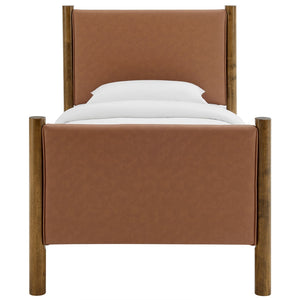 Modway Furniture Maven Twin Size Vegan Leather Upholstered Platform Bed – Stylish, Durable, and Space-Saving Design Tan Walnut MOD-7184-TAN-WAL