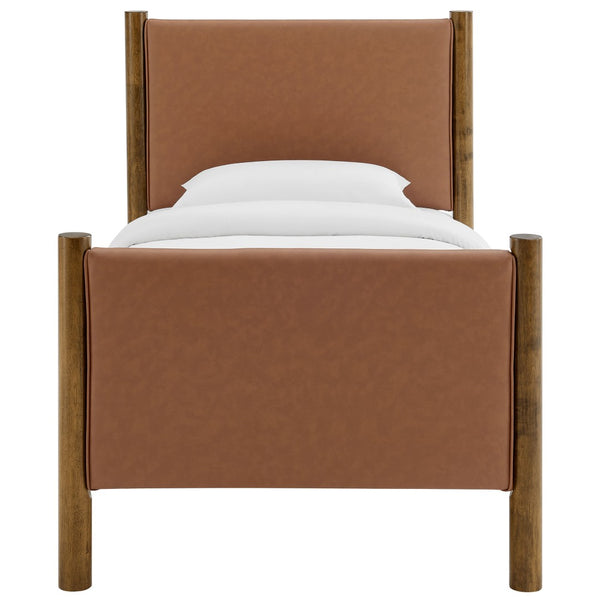 Modway Furniture Maven Twin Size Vegan Leather Upholstered Platform Bed – Stylish, Durable, and Space-Saving Design Tan Walnut MOD-7184-TAN-WAL