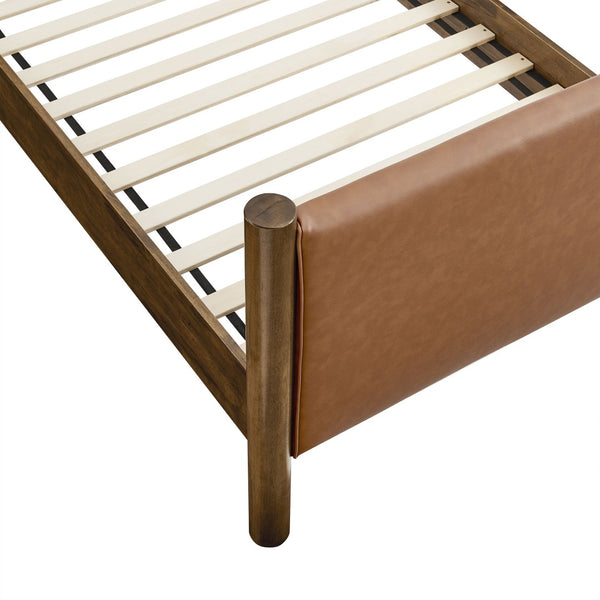 Modway Furniture Maven Twin Size Vegan Leather Upholstered Platform Bed – Stylish, Durable, and Space-Saving Design Tan Walnut MOD-7184-TAN-WAL