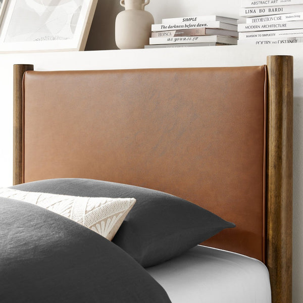 Modway Furniture Maven Twin Size Vegan Leather Upholstered Platform Bed – Stylish, Durable, and Space-Saving Design Tan Walnut MOD-7184-TAN-WAL