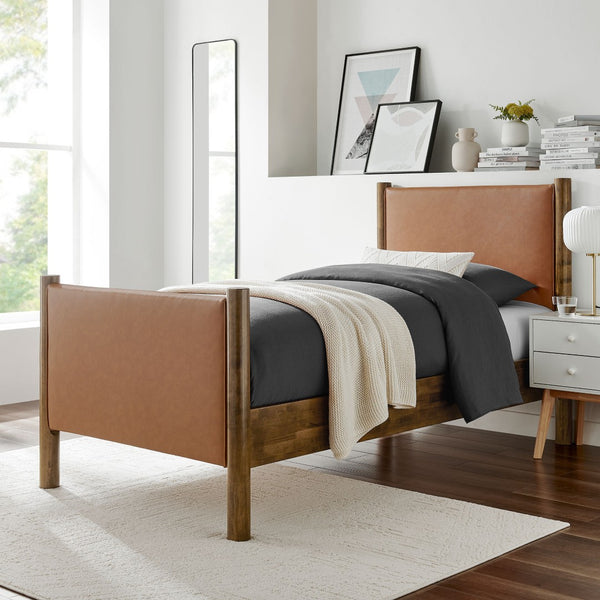 Modway Furniture Maven Twin Size Vegan Leather Upholstered Platform Bed – Stylish, Durable, and Space-Saving Design Tan Walnut MOD-7184-TAN-WAL