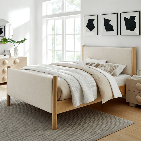Modway Furniture Maven Full Size Upholstered Platform Bed with Sturdy Wood Frame and Stylish Heathered Headboard Ivory Oak MOD-7186-HEI-OAK