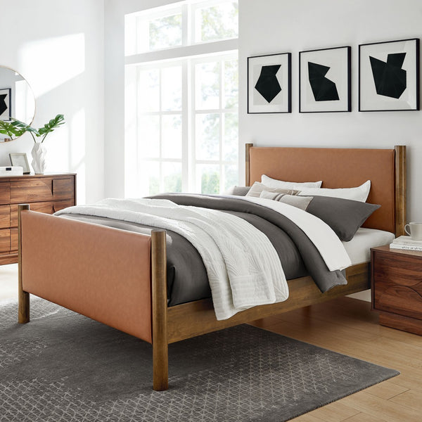 Modway Furniture Maven Full Size Vegan Leather Upholstered Platform Bed - Modern Design, Durable Support & Comfort Tan Walnut MOD-7187-TAN-WAL