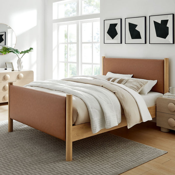 Modway Furniture Maven Queen Size Vegan Leather Upholstered Platform Bed – Modern Design with No Box Spring Needed Tan Oak MOD-7190-TAN-OAK