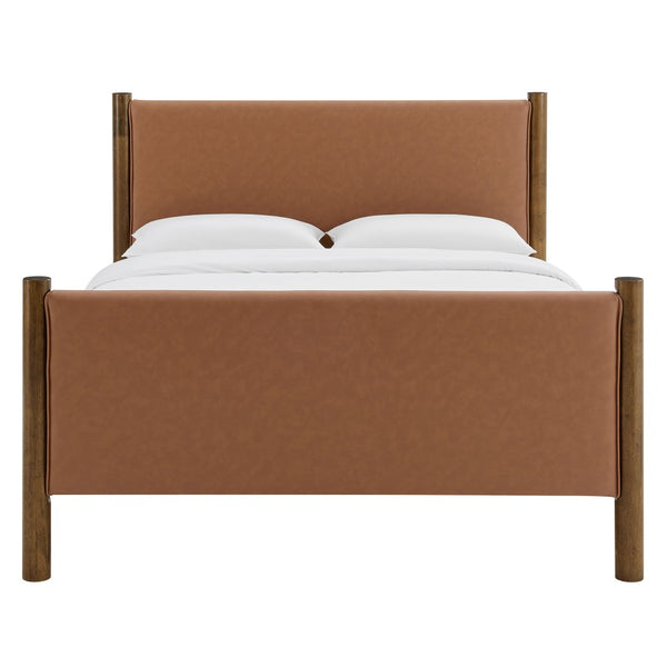 Modway Furniture Maven Queen Size Vegan Leather Upholstered Platform Bed – Modern Design with No Box Spring Needed Tan Walnut MOD-7190-TAN-WAL