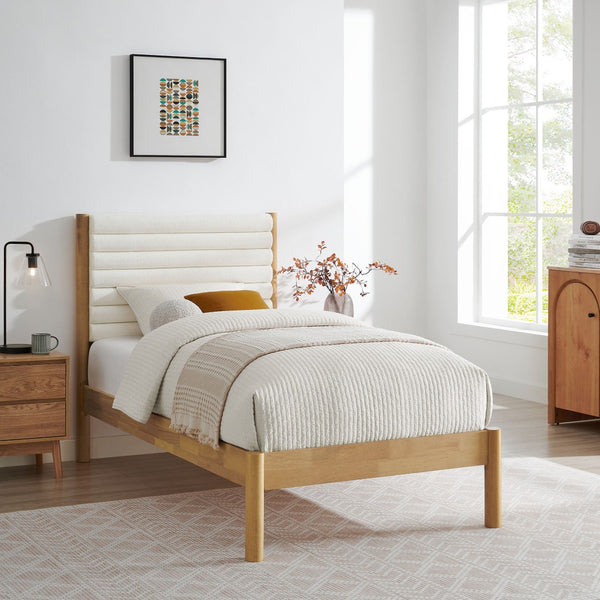 Modway Furniture Olea Twin Platform Bed - Plush Boucle Upholstery with Solid Wood Frame for Modern Bedrooms and Spaces Feather Oak MOD-7196-FEA-OAK