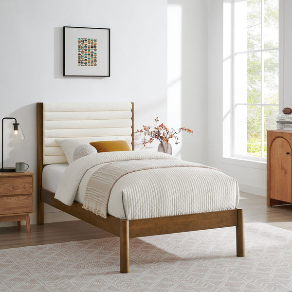 Modway Furniture Olea Twin Platform Bed - Plush Boucle Upholstery with Solid Wood Frame for Modern Bedrooms and Spaces Feather Walnut MOD-7196-FEA-WAL