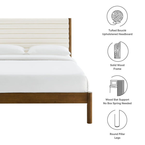 Modway Furniture Olea Channel Tufted Boucle King Platform Bed - Modern Solid Wood Frame for Timeless Comfort & Style Feather Walnut MOD-7199-FEA-WAL