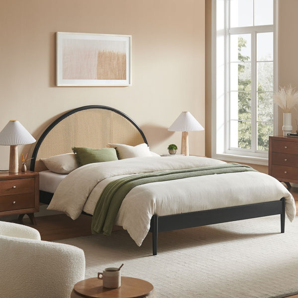 Modway Furniture Odette Queen Arched Rattan Cane Platform Bed - Modern Boho Design with Solid Wood Frame and Support Black MOD-7214-BLK