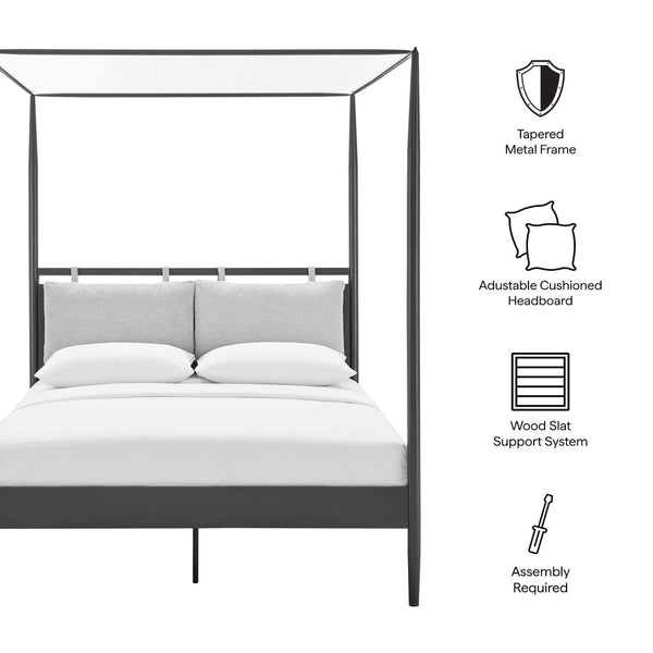 Modway Furniture Marlowe Modern 4-Poster Canopy Queen Bed with Adjustable Cushioned Headboard - Charcoal Finish MOD-7223-CHA-NPT