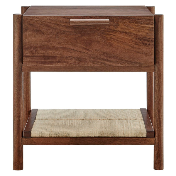 Modway Furniture Oswin 1-Drawer Mid-Century Nightstand with Woven Jute Shelf - Solid Mango Wood, Walnut Finish MOD-7227-WAL