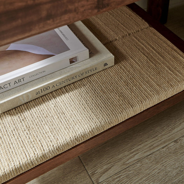 Modway Furniture Oswin 1-Drawer Mid-Century Nightstand with Woven Jute Shelf - Solid Mango Wood, Walnut Finish MOD-7227-WAL