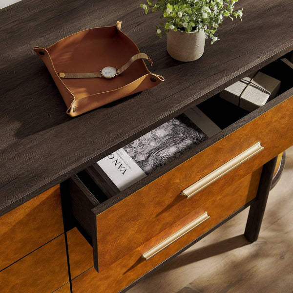 Modway Furniture Coralie Curved 6-Drawer Dresser in Vegan Leather - Stylish Oval Design for Bedroom & Home Office MOD-7228-WAL-TAN