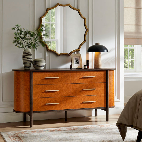 Modway Furniture Coralie Curved 6-Drawer Dresser in Vegan Leather - Stylish Oval Design for Bedroom & Home Office MOD-7228-WAL-TAN