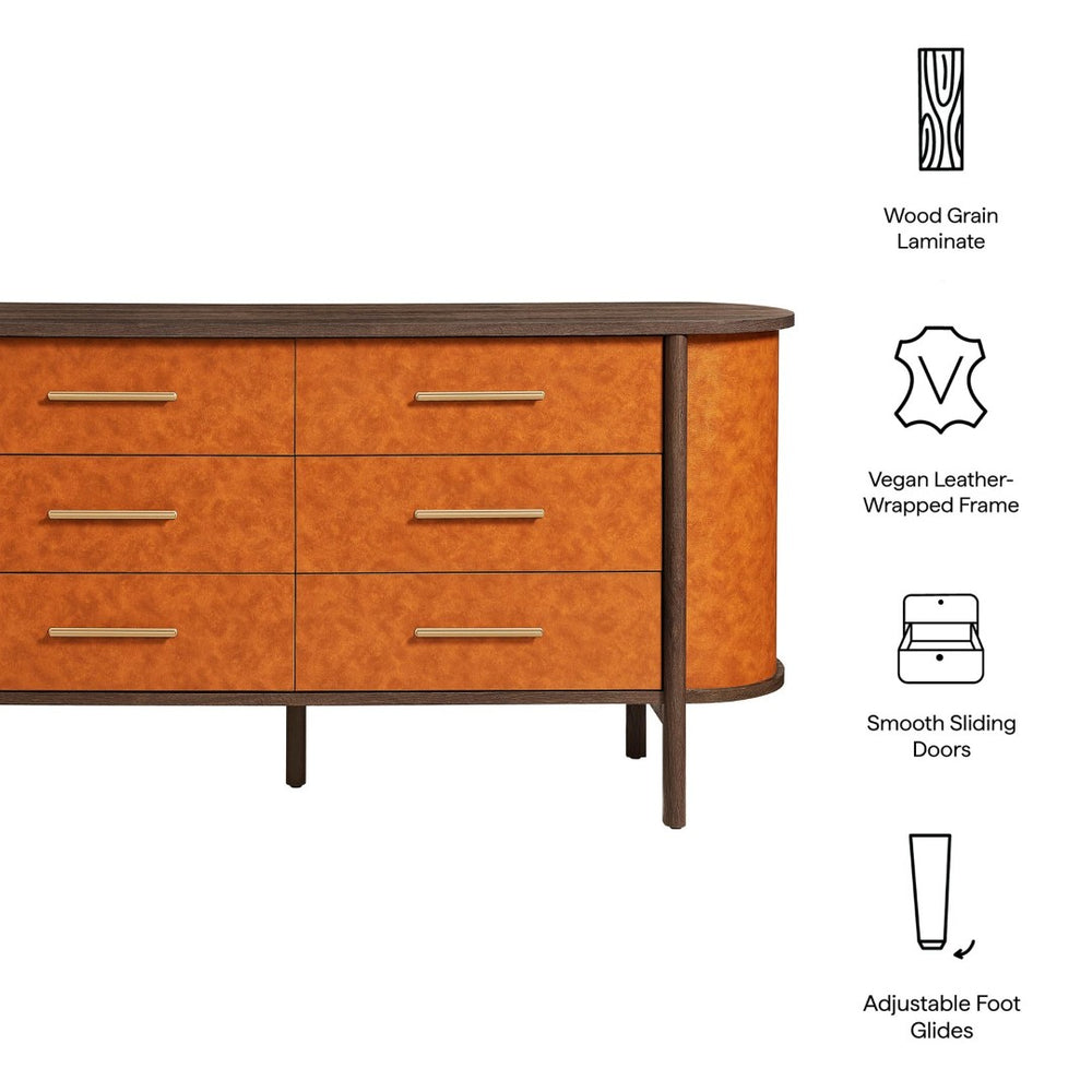 Modway Furniture Coralie Curved 6-Drawer Dresser in Vegan Leather - Stylish Oval Design for Bedroom & Home Office MOD-7228-WAL-TAN