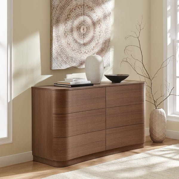 Modway Furniture Mirae 6-Drawer Curved Dresser - Modern Storage Solution for Bedroom, Entryway, or Living Room Use Brushed Brown Oak MOD-7229-BBO