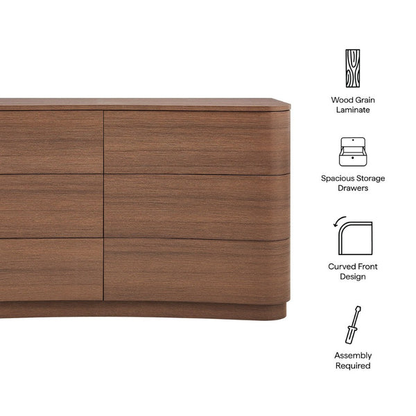 Modway Furniture Mirae 6-Drawer Curved Dresser - Modern Storage Solution for Bedroom, Entryway, or Living Room Use Brushed Brown Oak MOD-7229-BBO