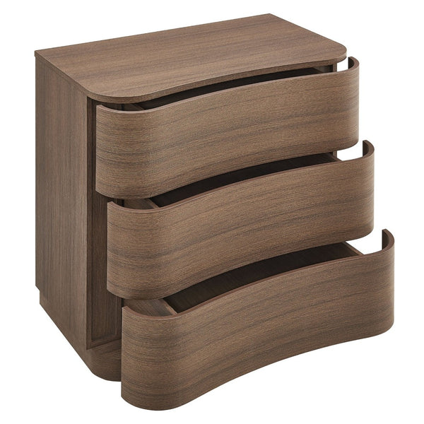 Modway Furniture Mirae 3-Drawer Curved Compact Dresser - Stylish Storage Solution for Small Spaces and Modern Homes Brushed Brown Oak MOD-7230-BBO