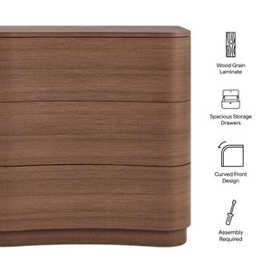 Modway Furniture Mirae 3-Drawer Curved Compact Dresser - Stylish Storage Solution for Small Spaces and Modern Homes Brushed Brown Oak MOD-7230-BBO