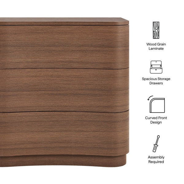 Modway Furniture Mirae 3-Drawer Curved Compact Dresser - Stylish Storage Solution for Small Spaces and Modern Homes Brushed Brown Oak MOD-7230-BBO