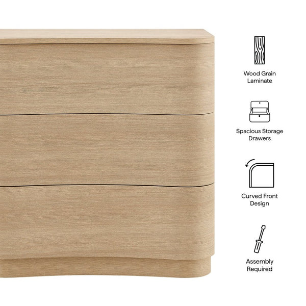 Modway Furniture Mirae 3-Drawer Curved Compact Dresser - Stylish Storage Solution for Small Spaces and Modern Homes Brushed Light Oak MOD-7230-BOA