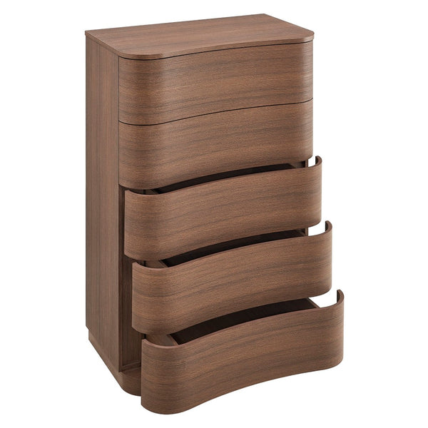 Modway Furniture Mirae 5-Drawer Curved Dresser - Modern Space-Saving Chest for Stylish Storage in Any Room Brushed Brown Oak MOD-7231-BBO