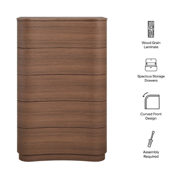 Modway Furniture Mirae 5-Drawer Curved Dresser - Modern Space-Saving Chest for Stylish Storage in Any Room Brushed Brown Oak MOD-7231-BBO