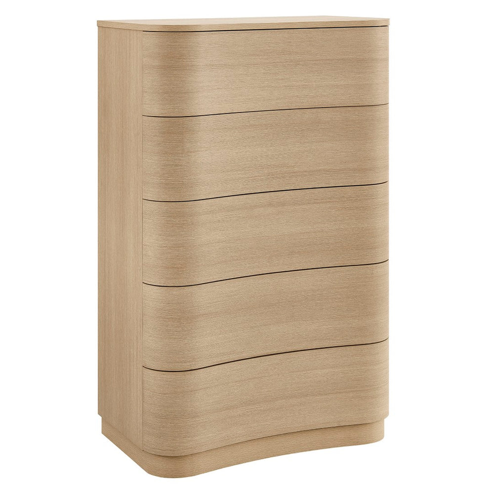 Modway Furniture Mirae 5-Drawer Curved Dresser - Modern Space-Saving Chest for Stylish Storage in Any Room Brush Light Oak MOD-7231-BOA
