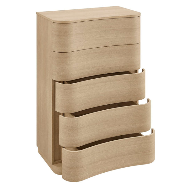 Modway Furniture Mirae 5-Drawer Curved Dresser - Modern Space-Saving Chest for Stylish Storage in Any Room Brush Light Oak MOD-7231-BOA